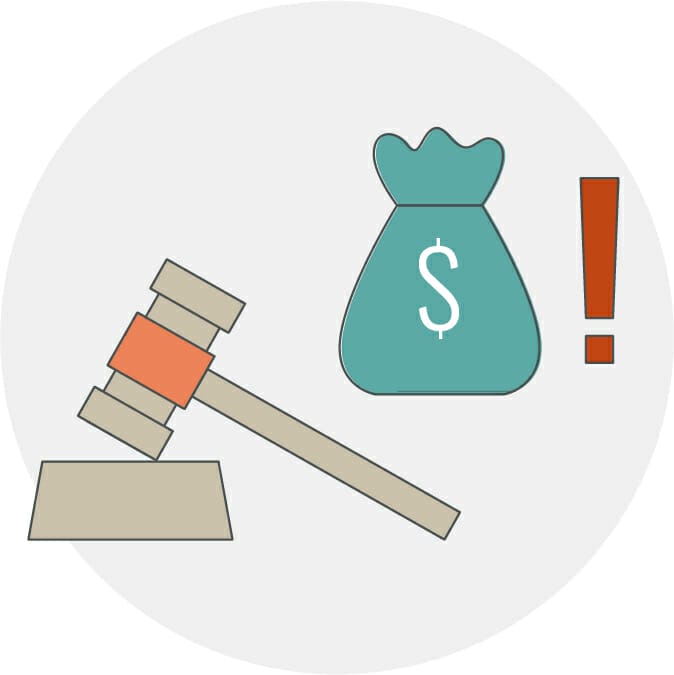 A gavel, a money bag with a dollar sign, an exclamation point, an ADA Website Accessibility Services icon, representing a legal financial matter concerning accessibility compliance.