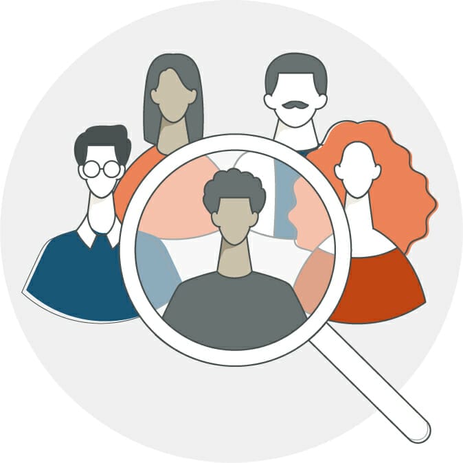 Icon illustration of diverse people with a magnifying glass on one of them