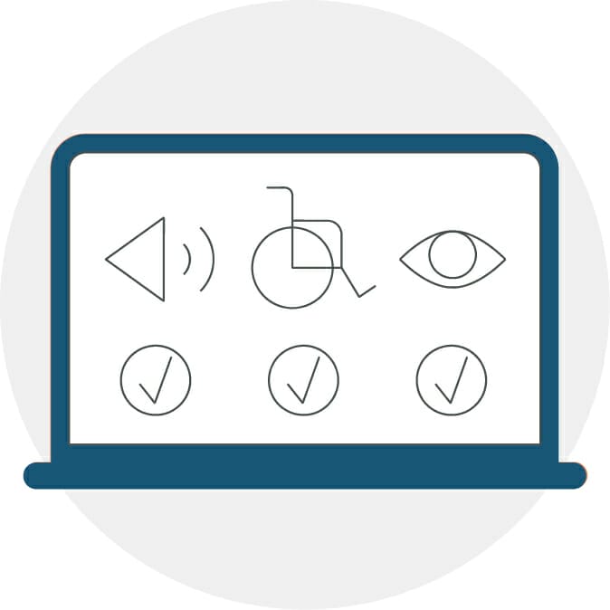 Icon illustration of laptop with line drawings for speech, mobility, sight checked