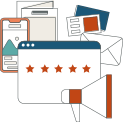 Icon with Five-star rating on a digital interface with marketing and communication icons.