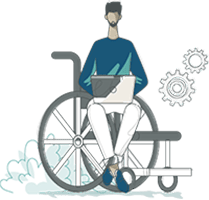 Icon illustration of Person in a wheelchair using a laptop.