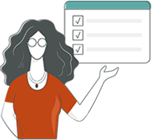 Icon illustration of female figure presenting a website accessibility checklist.