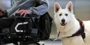 A man in a wheelchair with a guide dog looking at the camera