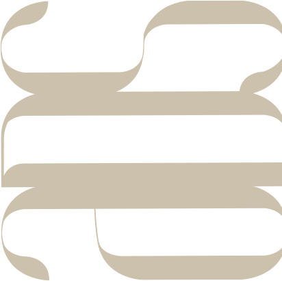 Abstract beige ribbon shapes curve and overlap on a light gray background, forming an interlocking geometric pattern with thick, rounded edges and negative space between the bands. The design is minimalist and modern.