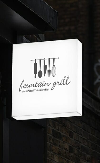 Fountain grill outdoors sign. Fresh, Local & handcrafted