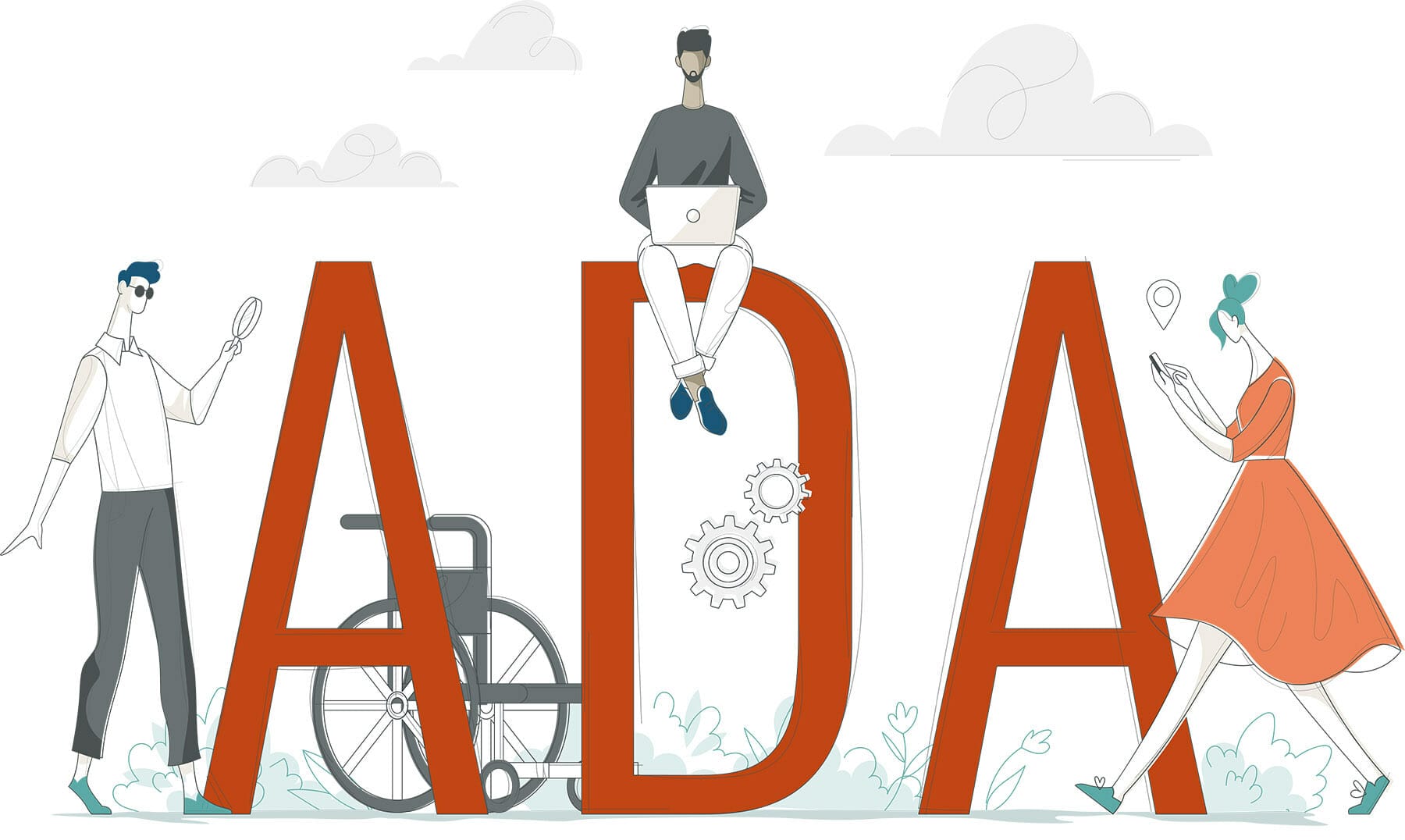 The letters ADA representing American's with Disabilities Acts also stands for the 3 steps of Access Design Studio's Website Accessibility Method: Assess(Access your site for accessibility issues), Develop(Develop a plan to fix any accessibility issues), Adjust(Adjust your site to make it certified accessible)