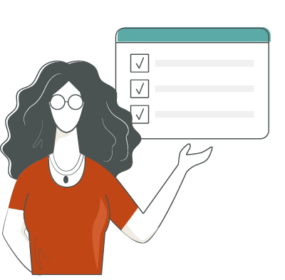 Icon illustration of female figure presenting a website accessibility checklist.