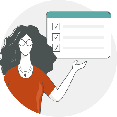 Icon illustration of female figure presenting a website accessibility checklist.