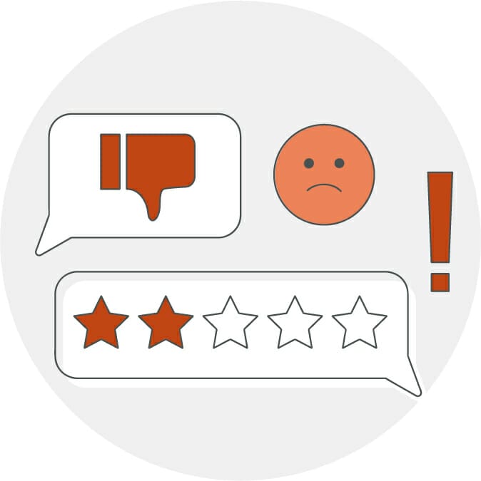 Negative feedback concept with a dissatisfied emoji, exclamation mark, and a one-star rating regarding ADA Website Accessibility Services.