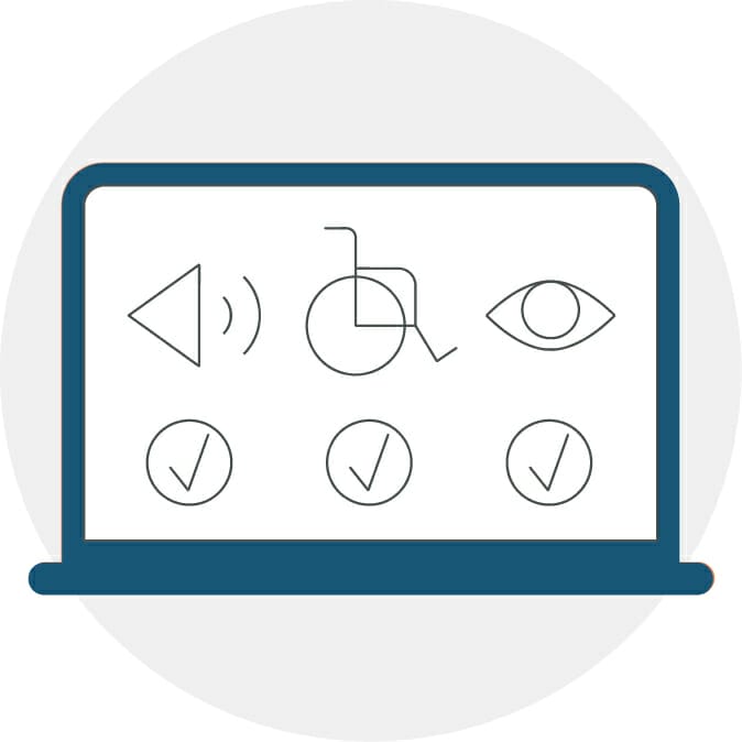 Icon illustration of laptop with line drawings for speech, mobility, sight checked