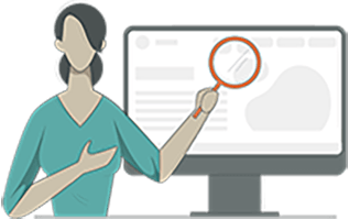 A icon representation of a person holding a magnifying glass up to a computer monitor.