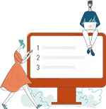 Icon of two people interacting with a large checklist displayed on a monitor.