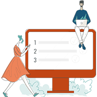 Icon of two people interacting with a large checklist displayed on a monitor.