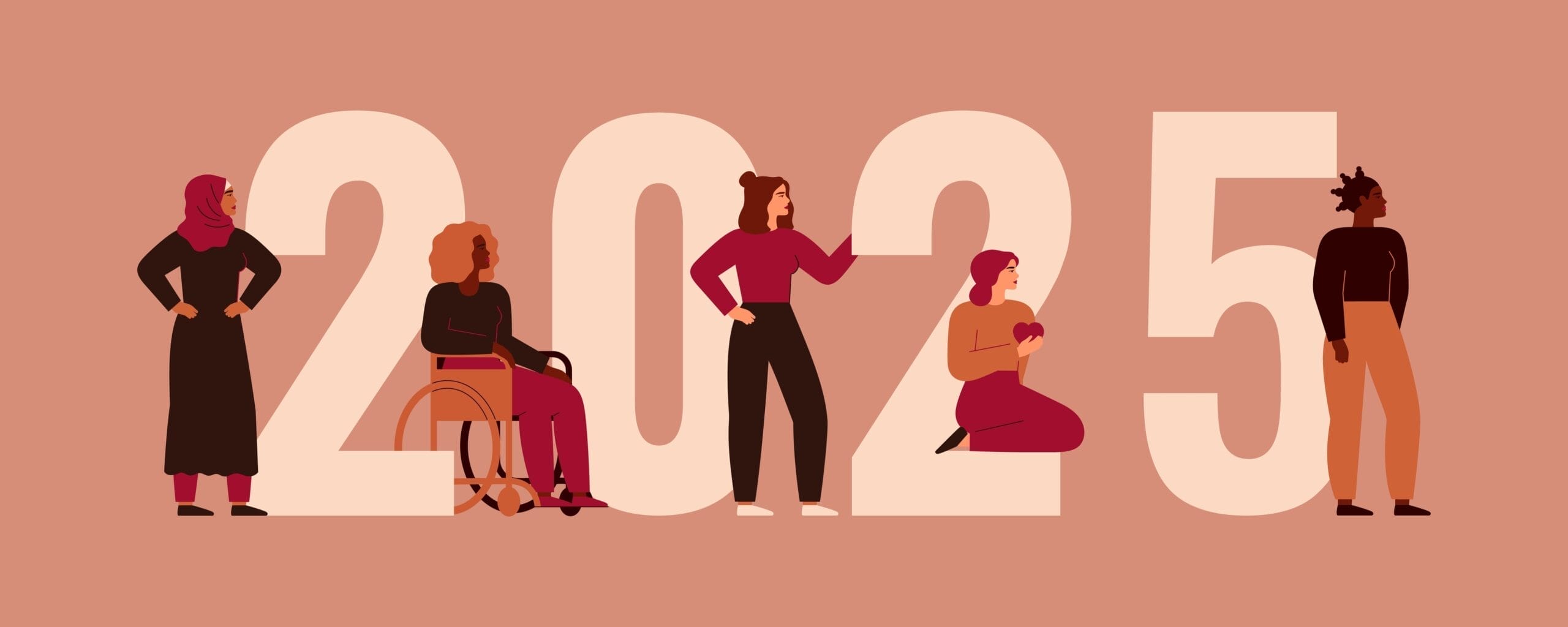 Illustration of five diverse people using Automated Accessibility Testing tools as they interact with large "2025" numbers on a pink background.