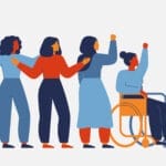 Illustration of four diverse women, one of whom uses a wheelchair, all raising their fists in solidarity on a light background.