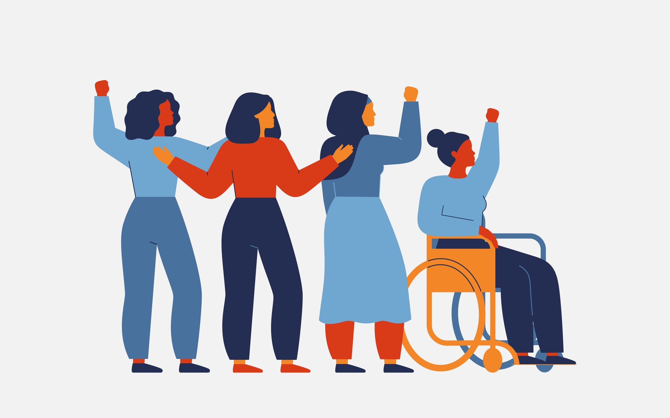 Illustration of four diverse women, one of whom uses a wheelchair, all raising their fists in solidarity on a light background.