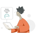 Illustration of a person using a laptop, with a screen displaying "Website Accessibility Score 85/100.