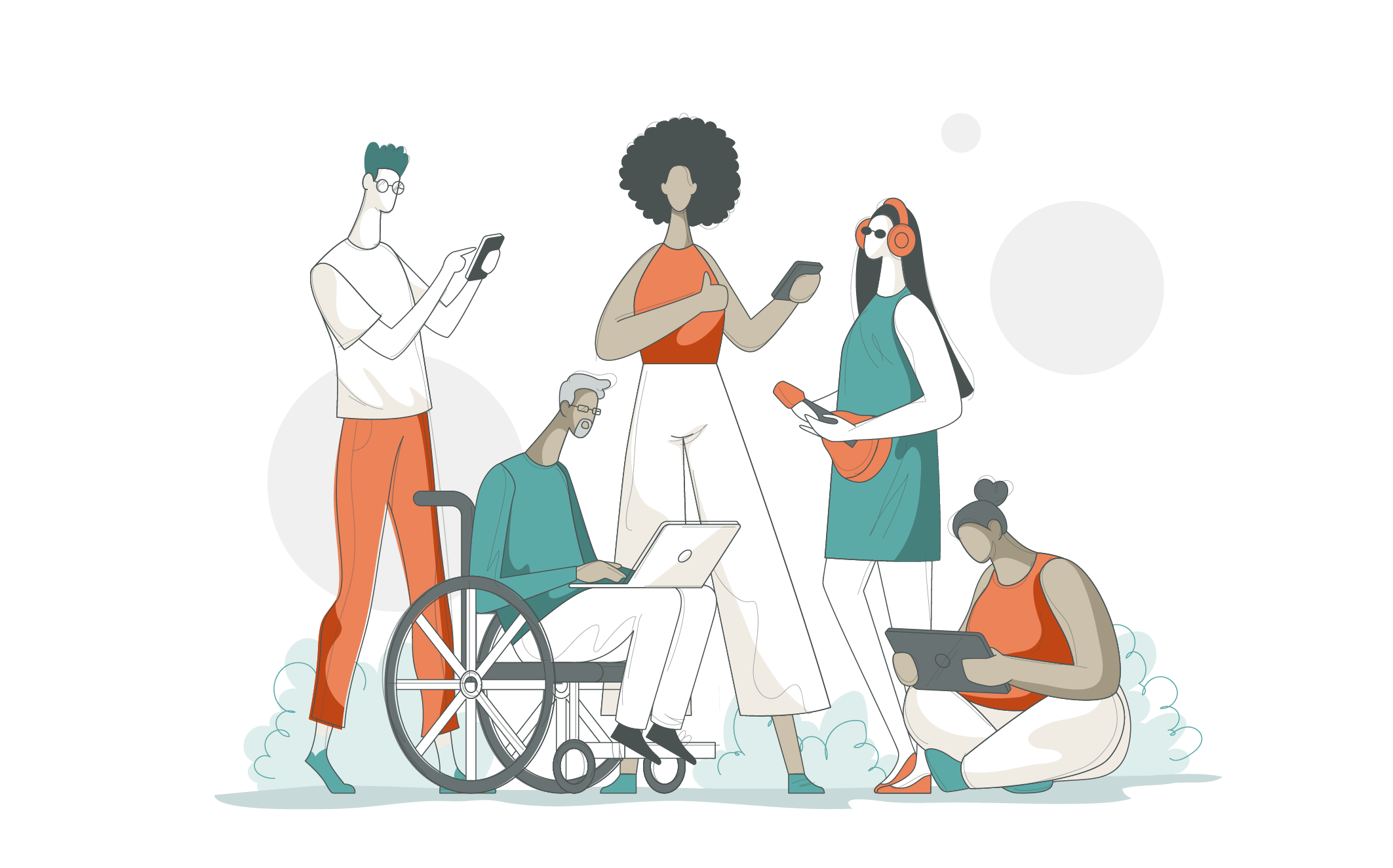 Illustration of five diverse people, including one using a wheelchair, interacting with digital devices such as phones, a laptop, and a tablet—highlighting the importance of ADA Website Accessibility Services.