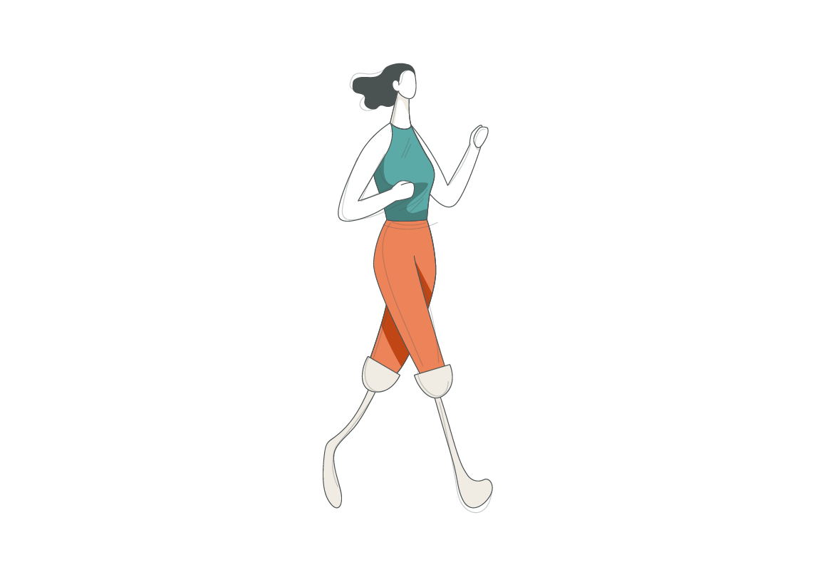 Illustration of a person with prosthetic legs walking, wearing an aqua top and orange pants, representing the spirit of inclusivity promoted by ADA Website Accessibility Services.
