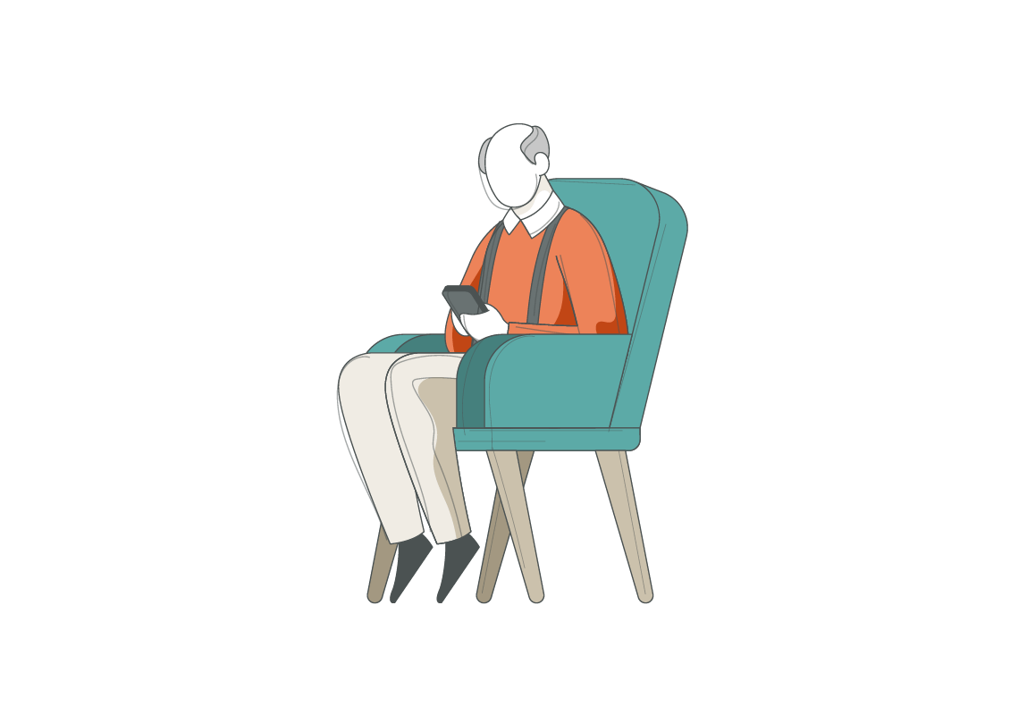 Illustration of a faceless person sitting in a teal armchair, wearing an orange sweater and beige pants, holding a smartphone—perfect for showcasing ADA Website Accessibility Services.