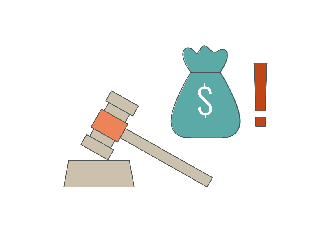 A gavel, a money bag with a dollar sign, and an exclamation mark, symbolizing a legal decision involving financial consequences related to ADA Website Accessibility Services.