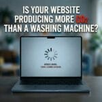 A laptop showing a loading icon with the text 'Error: Resource Intensive.' Overlaid text asks: 'Is your website producing more CO2 than a washing machine