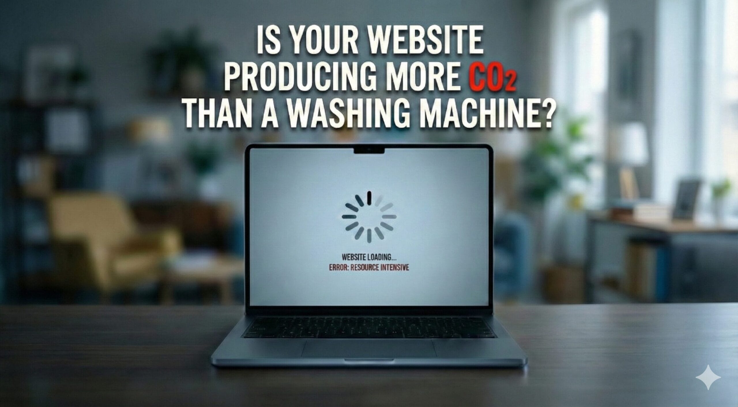 A laptop showing a loading icon with the text 'Error: Resource Intensive.' Overlaid text asks: 'Is your website producing more CO2 than a washing machine