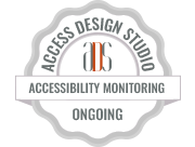 A circular badge with a scalloped edge reads “Access Design Studio” at the top, and “Accessibility Monitoring Ongoing” in the center. The stylized initials “ADS” are in the middle, framed by gray and orange lines. The badge suggests continuous accessibility checks.