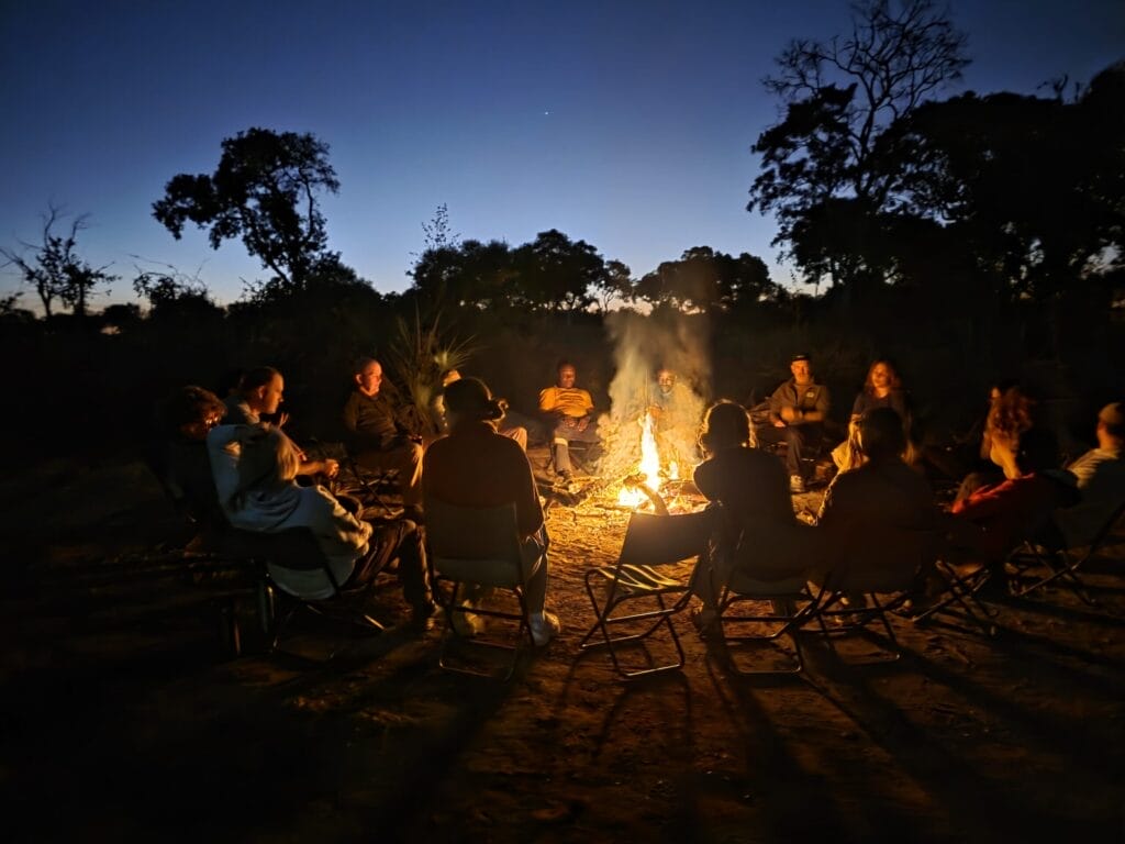 A group of people sit in a circle on folding chairs around a bright campfire at dusk, surrounded by silhouetted trees. The sky is dark blue, fading to light at the horizon, and everyone is warmly lit by the fire’s glow.