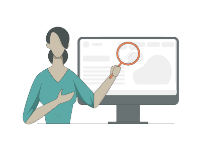 Illustration of a woman with dark hair in a teal top holding a magnifying glass up to a computer monitor displaying a simplified web page, symbolizing the importance of web accessibility compliance. The background is light gray and her facial features are not detailed.