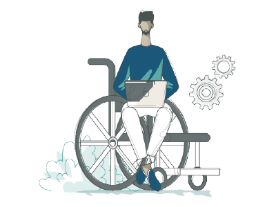 Illustration of a person with short hair and a beard sitting in a wheelchair, working on a laptop. The scene highlights web accessibility compliance, with two gear icons in the background suggesting work or technology.