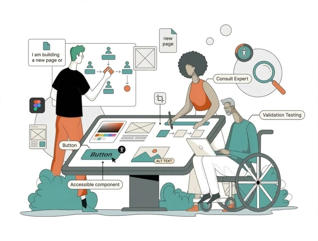 Three diverse people collaborate at a large touchscreen desk with interface elements. One person uses a wheelchair and a laptop. Labels highlight features like “building accessible websites,” “accessible component,” and “validation testing.”.
