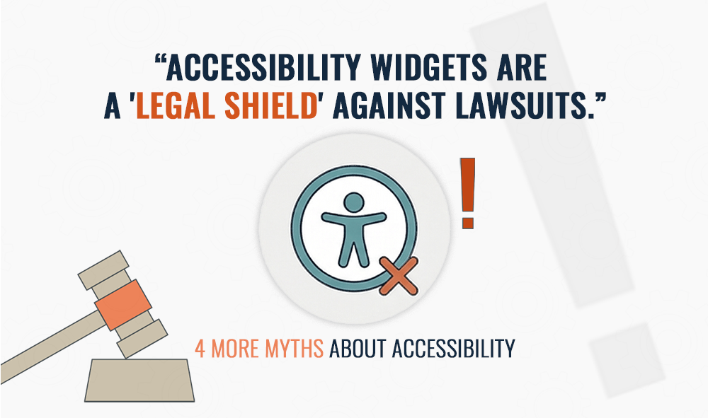 "Accessibility widgets are a 'legal shield' against lawsuits" with a gavel and a crossed-out accessibility icon.