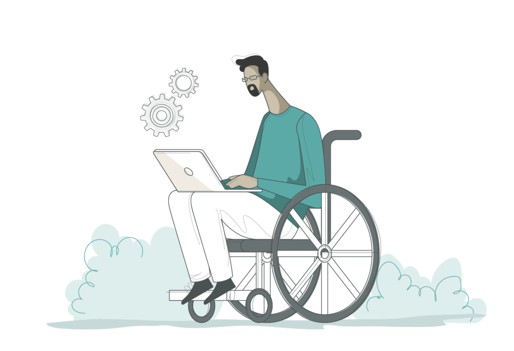 Illustration of a man with glasses and a beard in a wheelchair, working on a laptop. Two gear icons float near his head, highlighting building accessible websites. Bushes are in the background, with muted greens and grays throughout the scene.