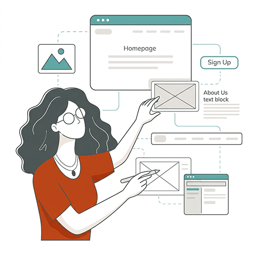 Illustration of a woman with glasses and wavy dark hair designing a website interface. She points at floating web elements, symbolizing website planning, development, and building accessible websites for all users.