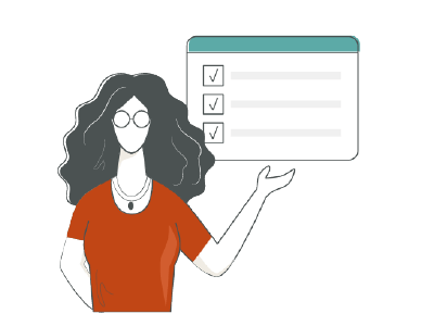 Illustration of a woman with wavy hair, glasses, and a red shirt, gesturing toward a checklist with three items checked—representing web accessibility compliance—against a plain white background.