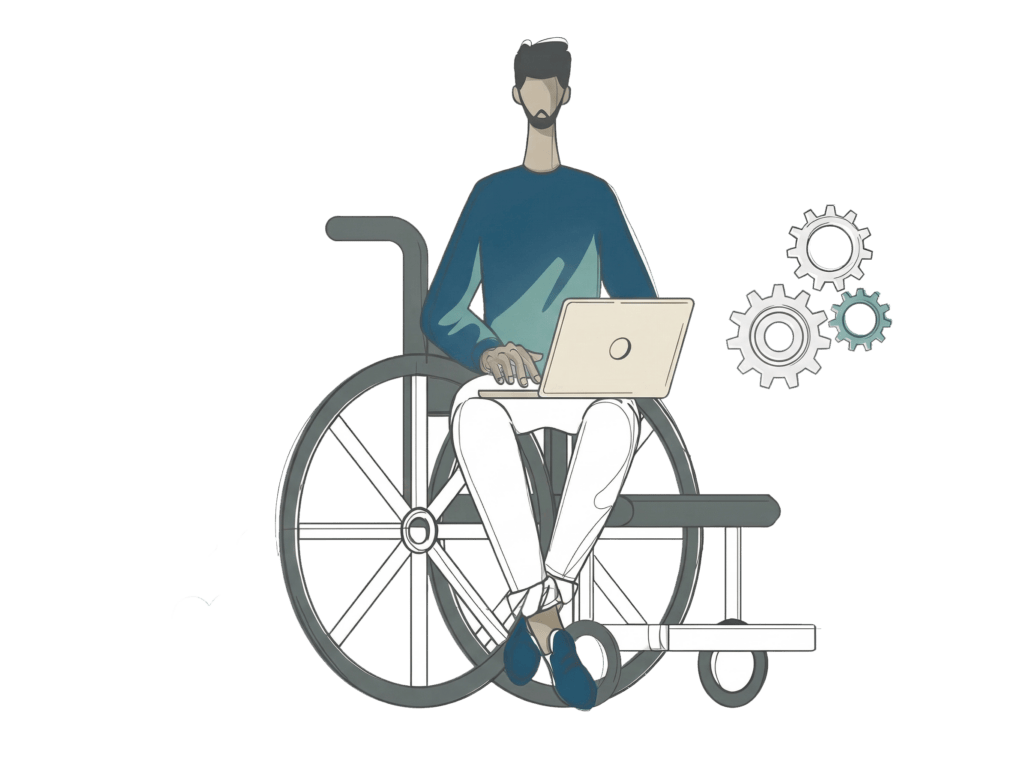 Illustration of a person with short hair and a beard sitting in a wheelchair and using a laptop. Three gear icons float to the right, suggesting technology, productivity, and ADA compliance standards. The background is plain and light-colored.