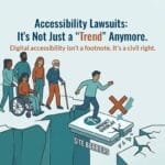 "Digital accessibility is a civil right" with disabled users stranded before a collapsing widget overlay bridge.