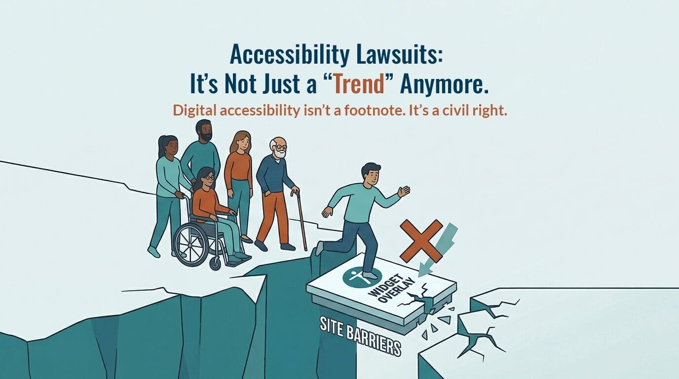 "Digital accessibility is a civil right" with disabled users stranded before a collapsing widget overlay bridge.